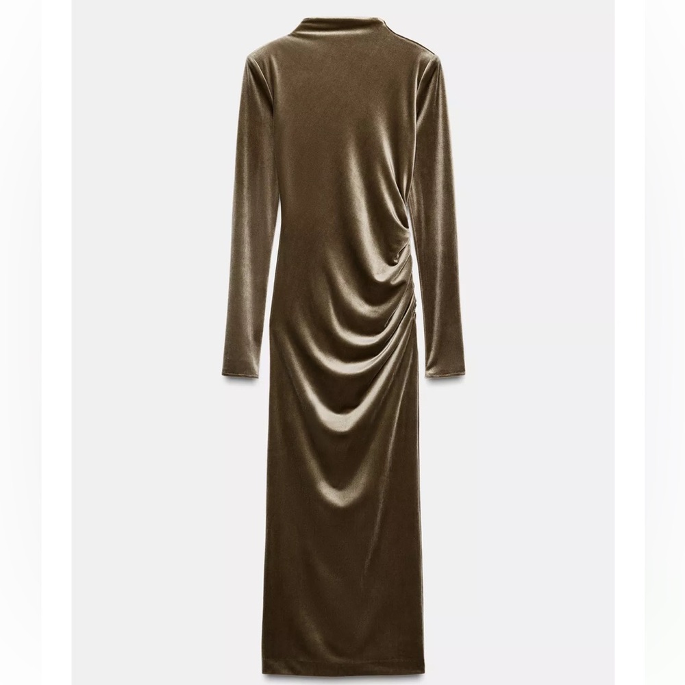 ZARA DRAPED VELVET DRESS WITH SHOULDER PADS long sleeve maxi in light grey